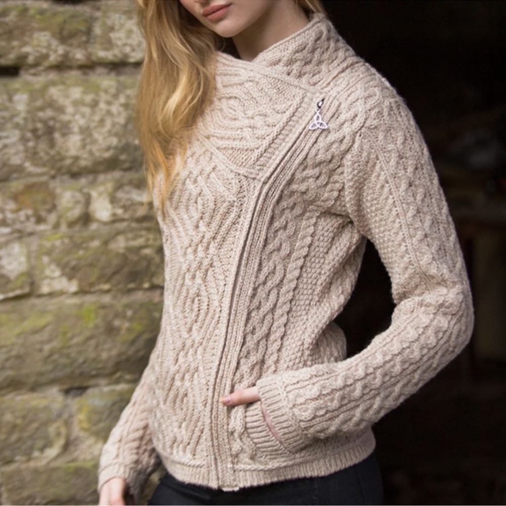 Aran Crafts cable knit side zip cardigan in parsnip, made from 100% merino wool